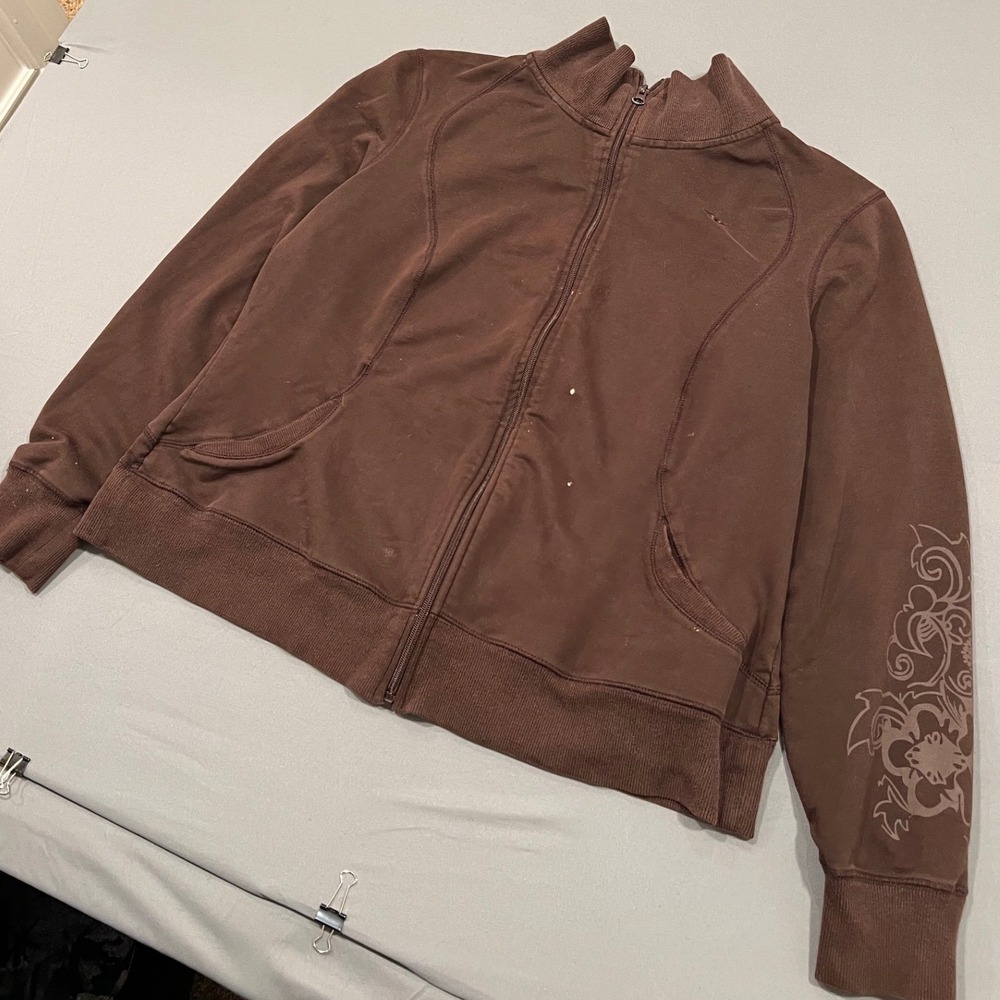 Athletic Works Brown Full Zip Track Jacket XL Y2K Floral Sleeve Mock Neck